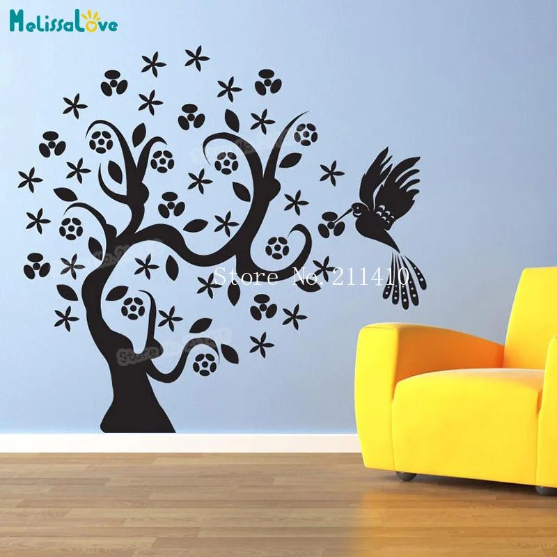 Huge Tree Wall Sticker Vinyl Beautiful Hummingbird Tree Decals Home Decor For Living Room 3D Self-adhesive Art Murals YY959