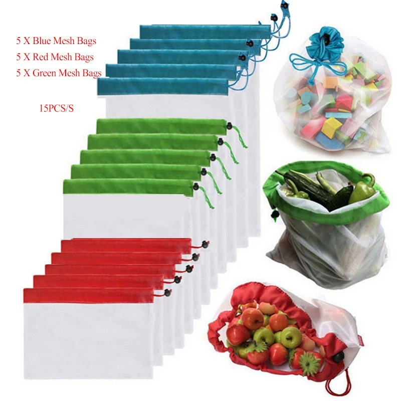 

15pcs Reusable Mesh Produce Bags Washable Eco Friendly Bags for Grocery Shopping Storage Toys Fruit Vegetable Storage Bag