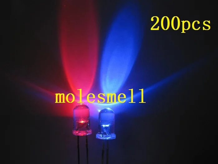 Free shipping 200pcs 5mm Dual Bi Color Polar Changing Red/blue Led water clear Leds 2-Pin led