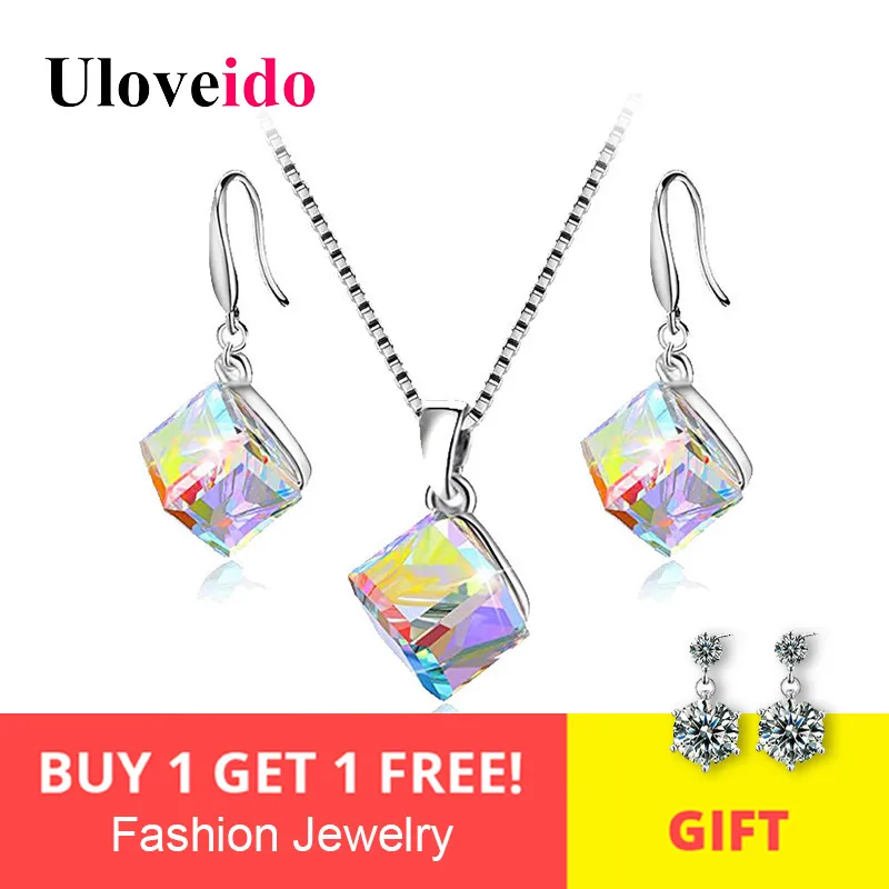 

Uloveido 925 Sterling Silver Jewelry Sets Wedding Jewelry Set Multicolor Engagement Earrings and Necklace Square Zirconia Y418