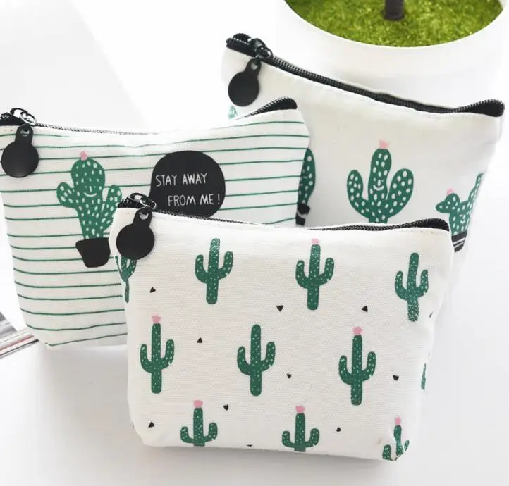 Mexican Theme Party Gift Canvas Coin Purse Cactus Print Pouch zipper pocket children kids cartoon wallet candy bag white green