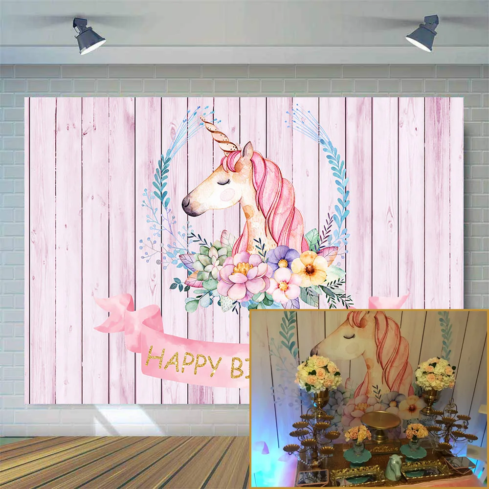  Pink Unicorn Photography Backdrops, Wood Floor Backgrounds for Photo Studio Happy Birthday Party Backdrop Props 825