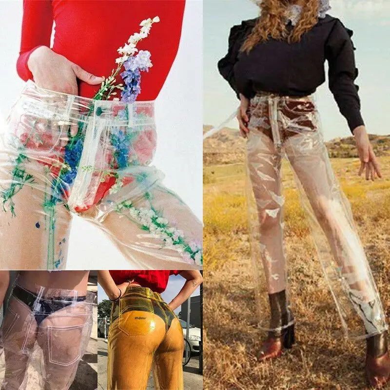 

New Fashion PVC Plastic Waterproof Trousers See Though Unique Transparent Solid High Waist Wide Leg Pants Loose Pant Streetwear