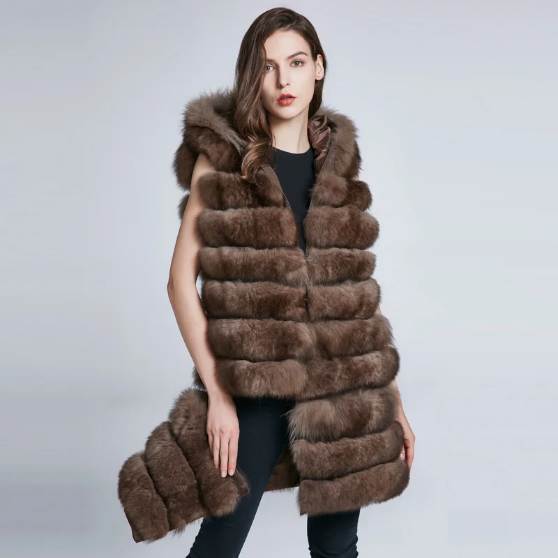 Manteau long en cuir avec col en fourrure naturelle pour femme, fourrure de renard, peut changer de longueur, chapeau, nouvelle mode à rayures, hiver, 2024