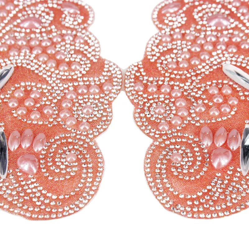 1Mirror Pair Beads Rhinestones Iron on Crystal Applique Lace Fabric Motif Clothes Decorative T2281