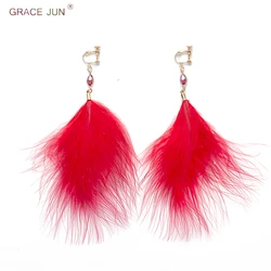 GRACE JUN-pendientes de cristal de pluma grande con Clip, pendientes largos perforados, para fiesta, boda, venta al por mayor