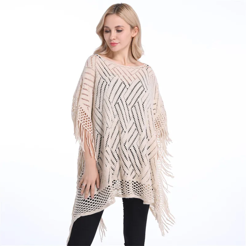 Summer Autumn Woman PonchoThin Sweater Solid Hollow Poncho Cardigan Plus Size Sweaters Tassel Pullovers Bikini Cover Up