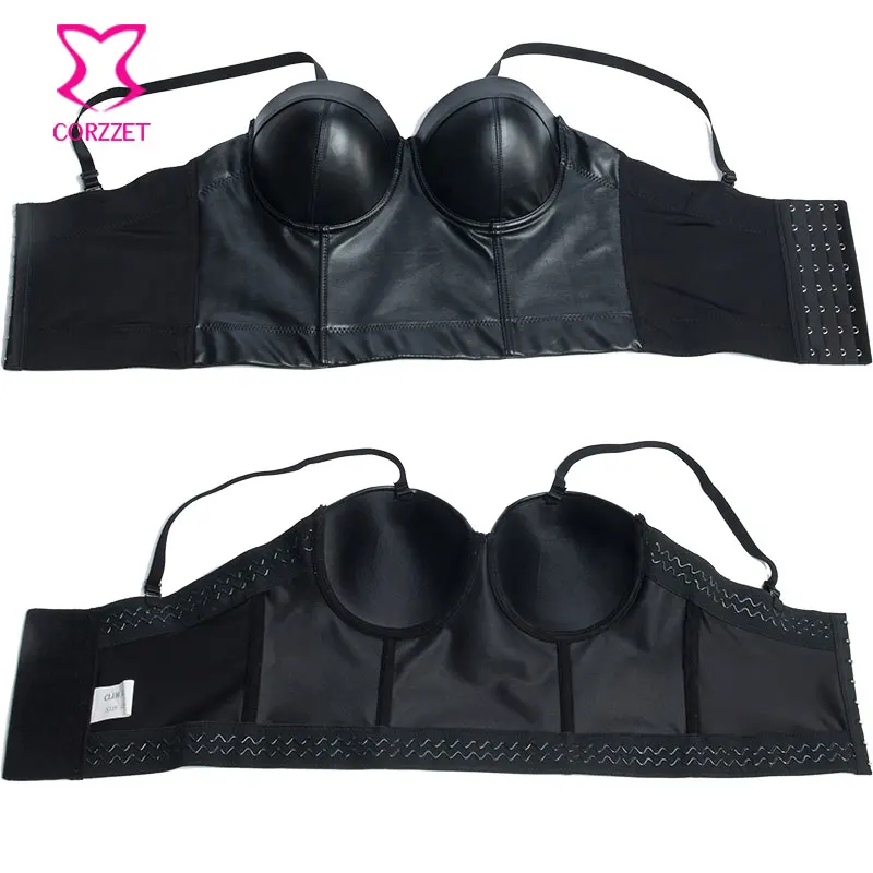 Black PU Leather Push Up Bar Bralet Bras For Women Bustier Crop Top Camis Club Party Bralette B Cup Plus Size Cropped Feminino