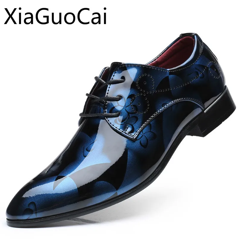 New Lace-Up Men's Formal Shoes Bright Leather British Business Shoes Waterproof Height Increasing Dress Shoes Flats