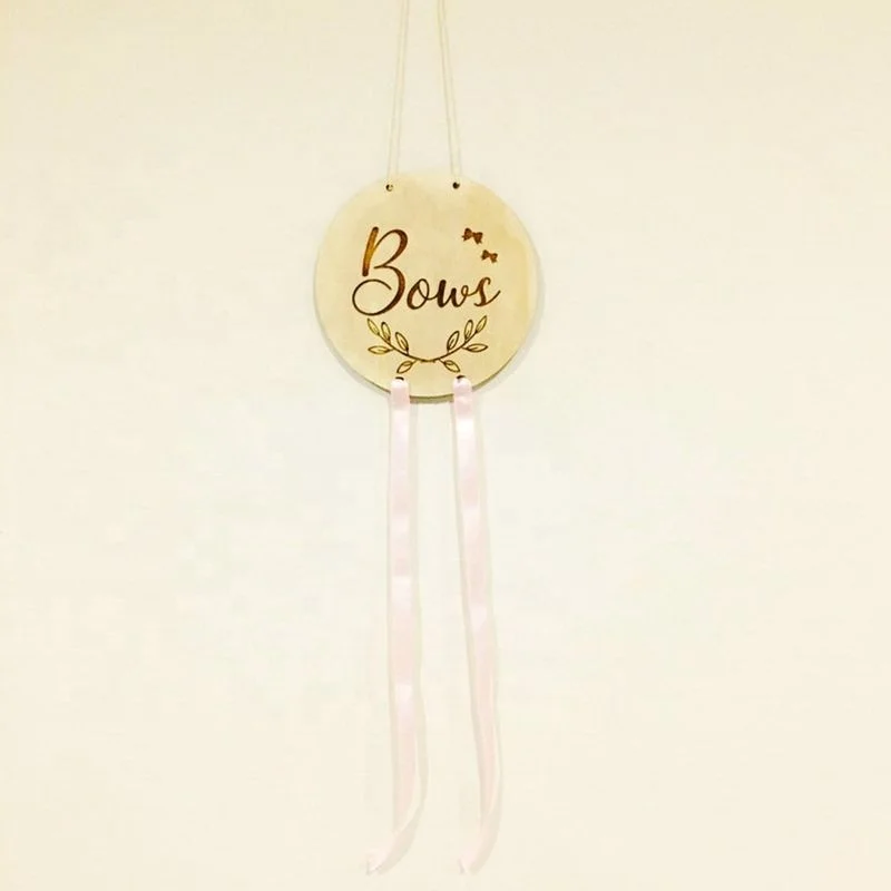 2pcs 15cm (5.9inc)wooden hair bow holder nursery decor girls decor wooden engraved bow holder with white ribbon home decorations