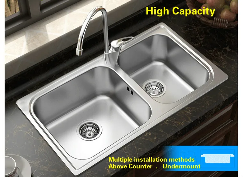 Free shipping Standard luxurious kitchen double groove sink food grade 304 stainless steel whole drawing hot sell 76x43 CM