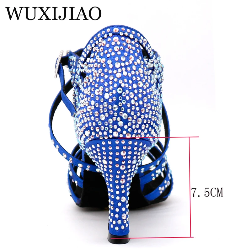 WUXIJIAO Latin dance shoes big small rhinestone bright Red blue satin Women Salsa dance shoes wedding party shoes Flare 7.5cm