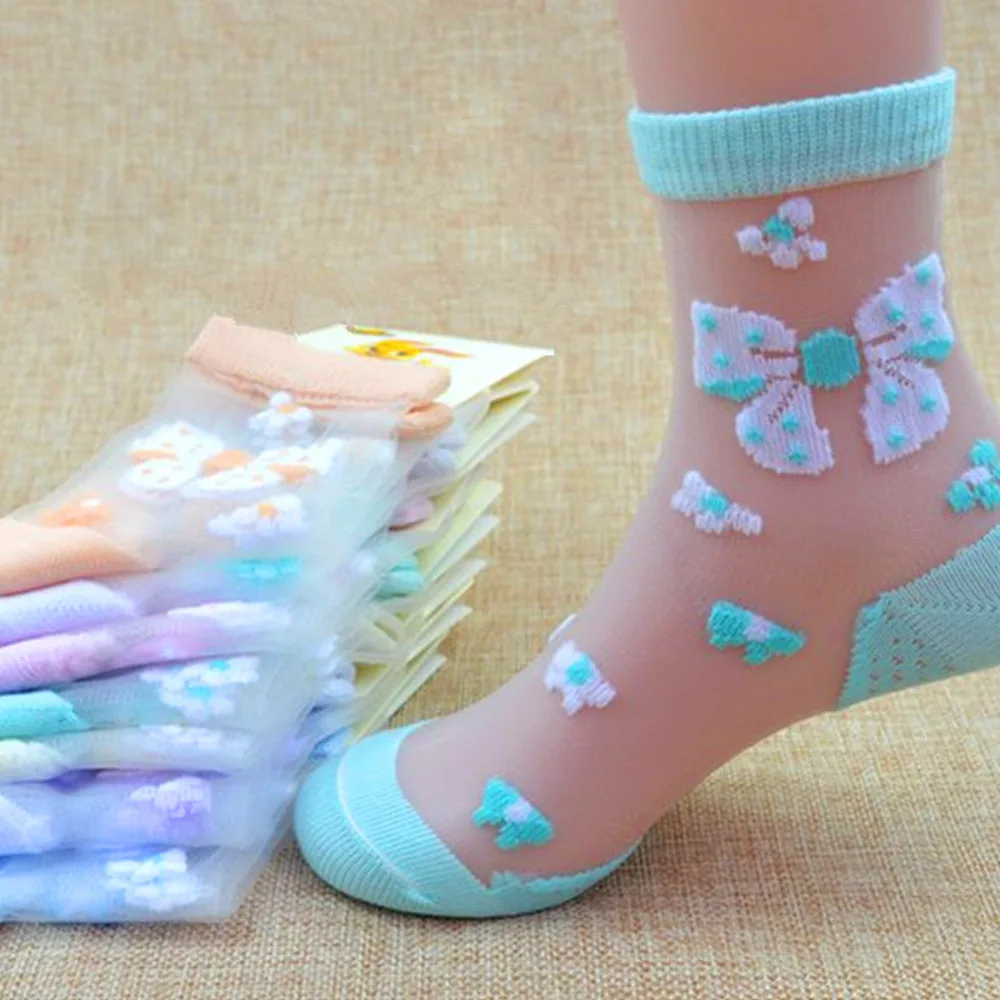 4 Pairs Girls Socks 2024 New Summer Glass Silk Butterfly Strawberry Flower Lace Children Socks 0-11 Year Kids Socks For Girls