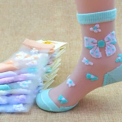 4 Pairs Girls Socks 2024 New Summer Glass Silk Butterfly Strawberry Flower Lace Children Socks 0-11 Year Kids Socks For Girls