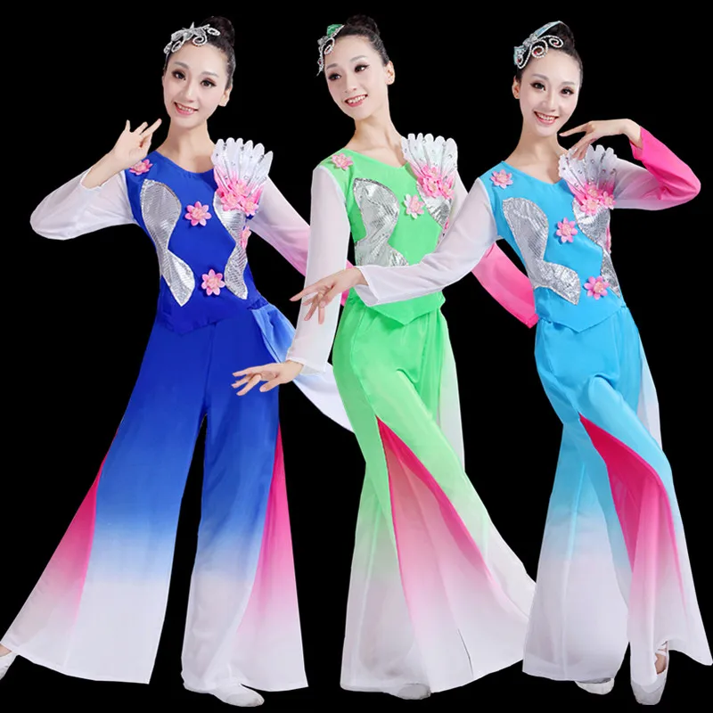 Estilo chinês, hanfu, traje de dança clássica, dança nacionais feminina, traje de dança de leque, traje chinês antigo