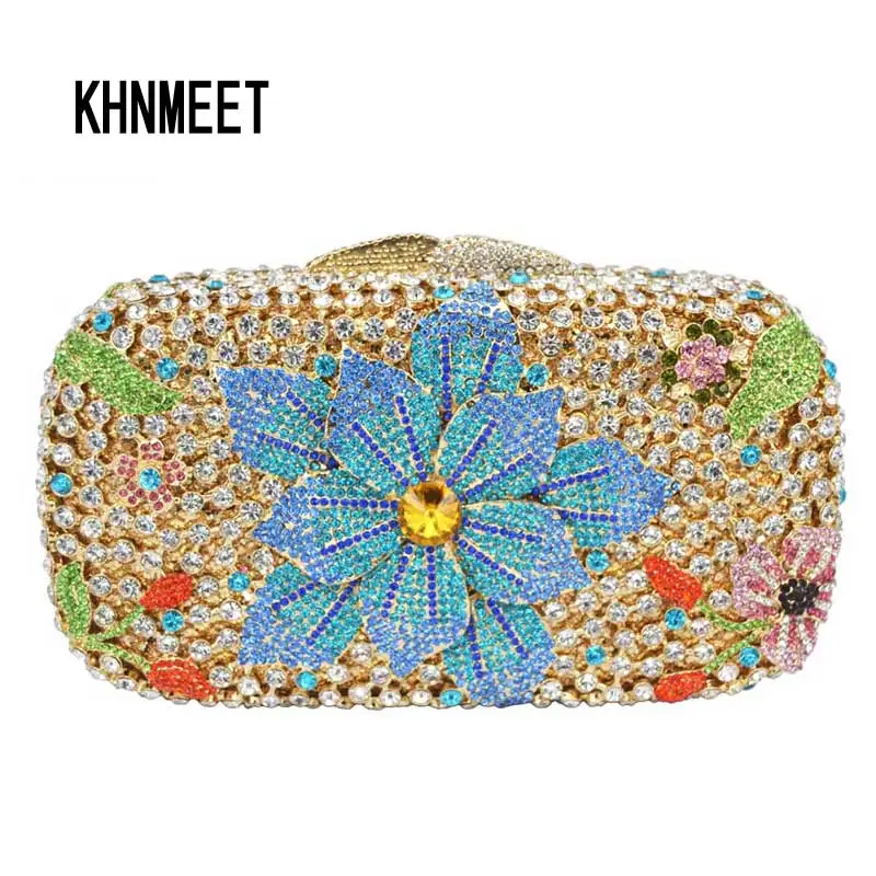 

Golden Silver Clutch evening bags flower crystal evening Clutch bags skyblue party Purse handbags Women bride wedding bag SC059