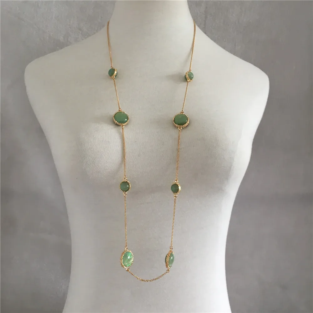 Lovely Gold Color Plating With Green Red Blue Stone Long Necklace For Women Sweater Decoration Gorgeous Elegant Party Jewelry