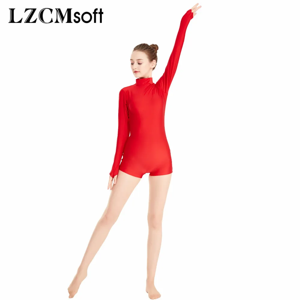 LZCMsoft Adult Mock Neck Biketards with Thumbholes Back Zip Spandex Long Sleeve Short Unitard Women\'s Ballet Dance Leotards