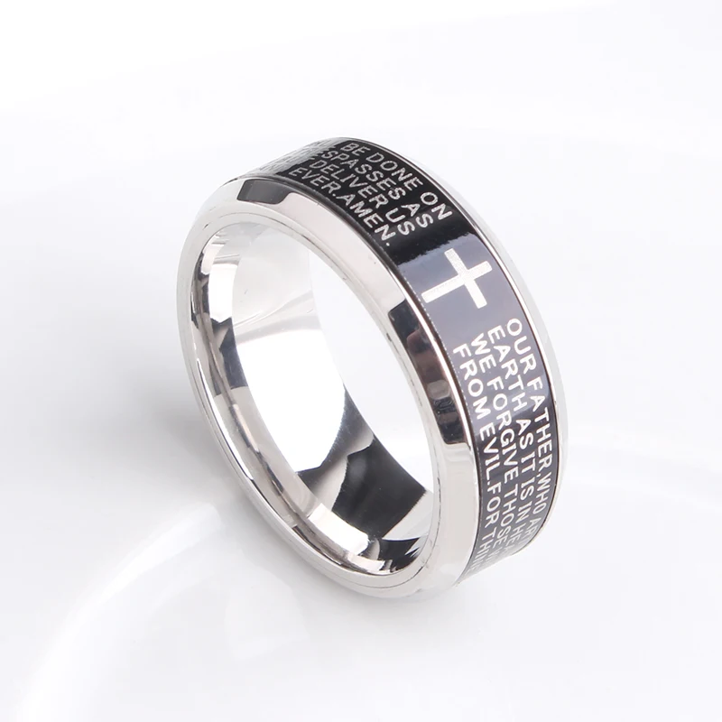 8mm black rotate English Bible cross Stainless Steel wedding rings for men women wholesale