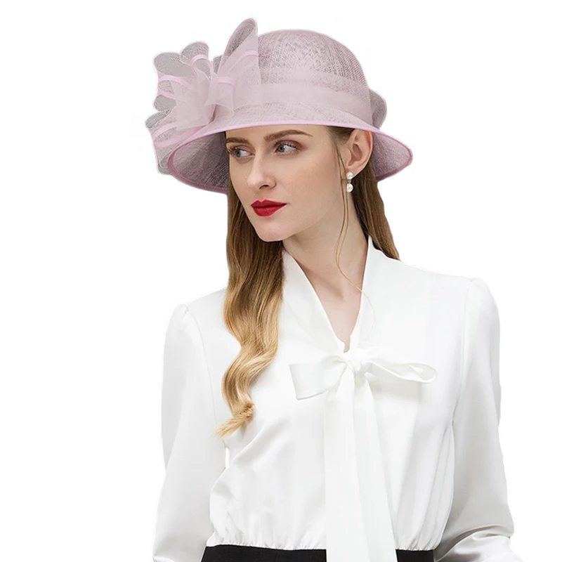 Elegant White Black Pink Sinamay Womens Hats Wide Brim Linen Wedding Summer Ladies Bowknot Chapeau Fedora Kentucky Derby Hat