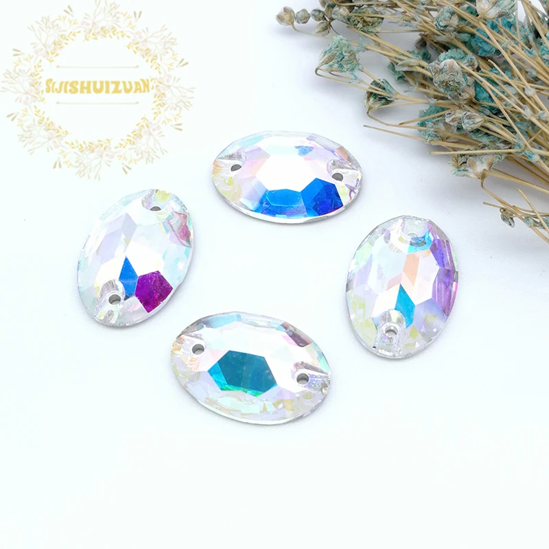 High-grade Crystal AB oval Glass Crystal sew on rhinestones with TWO holes Diy wedding dress accessories