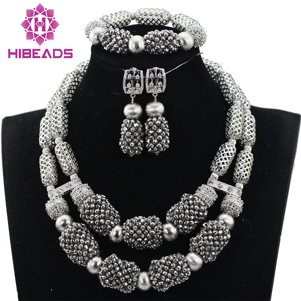 Trendy Lovers Gift Necklace Chunky Bib Silver Beads African Jewelry Sets Women Jewelry Set for Party Bride Free Shipping ABH314