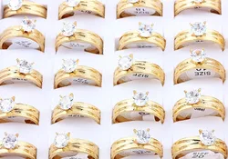 Wholesale Lots Job 5Pcs Golden Crystal CZ Stone 316L Stainless Steel Ring Engagement Wedding Party Bride Xams Gift 17-21MM