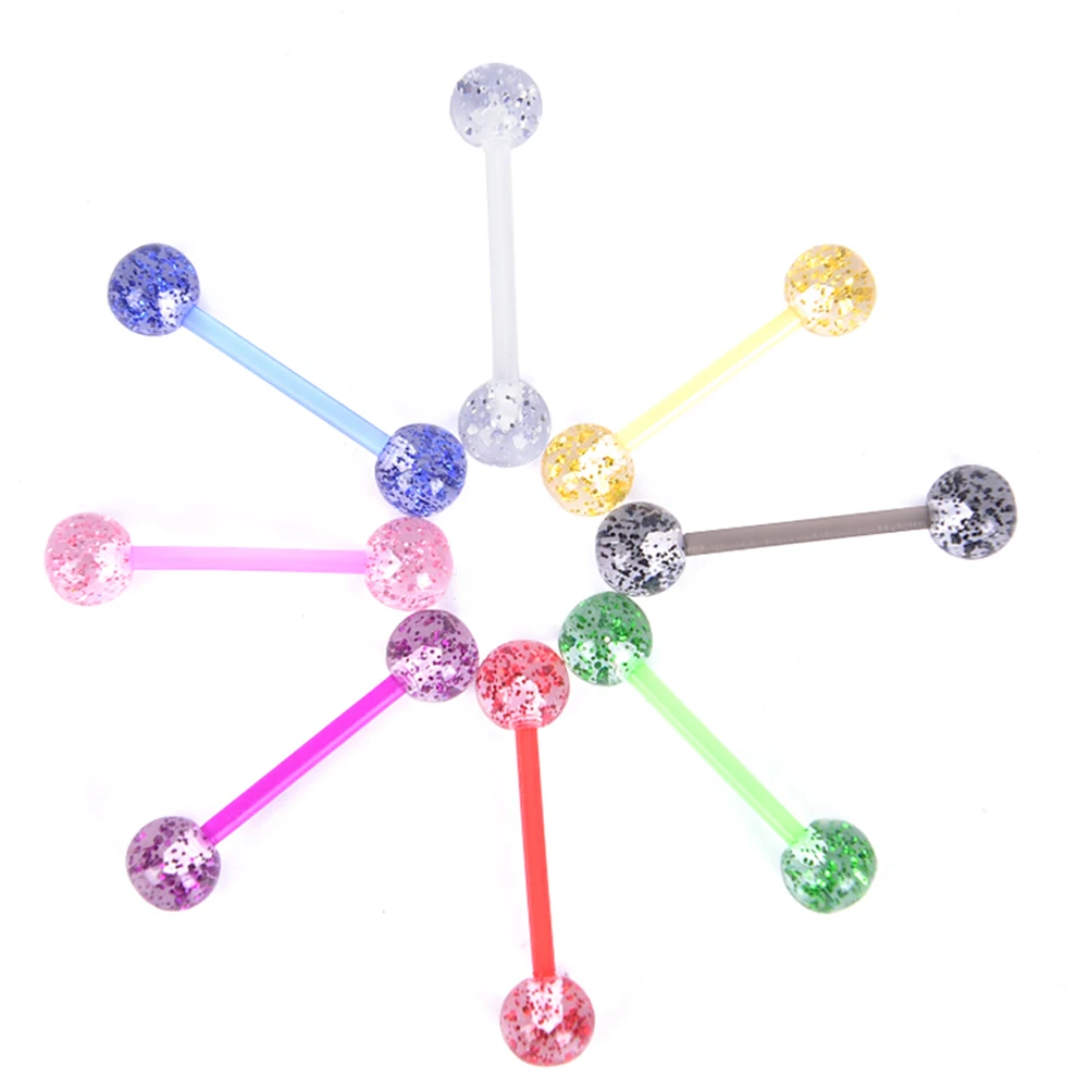 8PCS/Set Colorful Glitters Tongue Rings Acrylic Soft Rod Barbell Ball Tongue Stud Piercing Jewelry