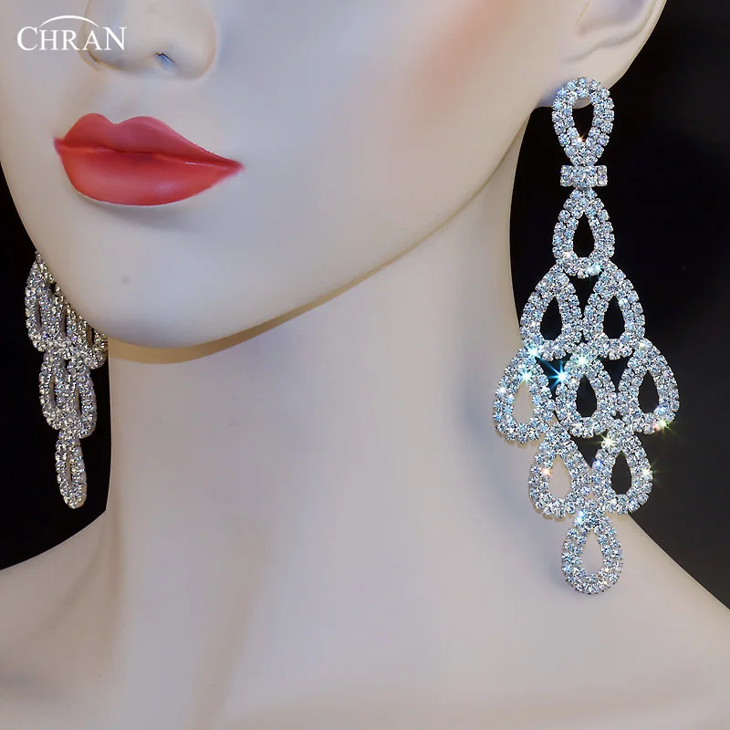 CHRAN Luxury Sparkling Crystal Rhinestone Teardrop Shape Long Exaggerated Earrings for Women Silver Plated Wedding Jewelry