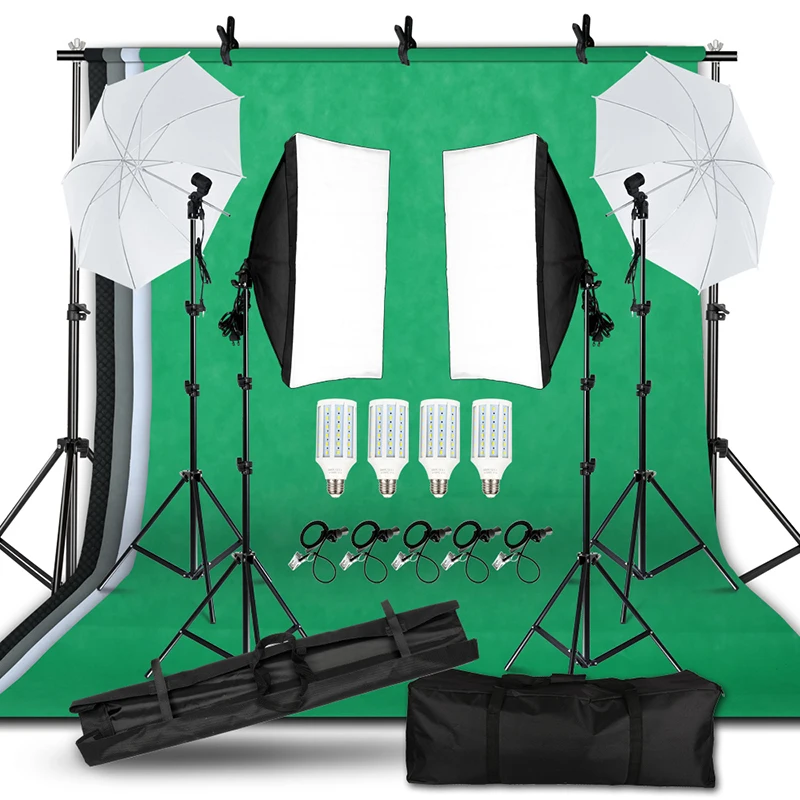 

SH Lighting Kit Adjustable Max Size 2Mx3M Background Support System 3 Color Backdrop Photo Studio Softbox Sets Continuous Kit