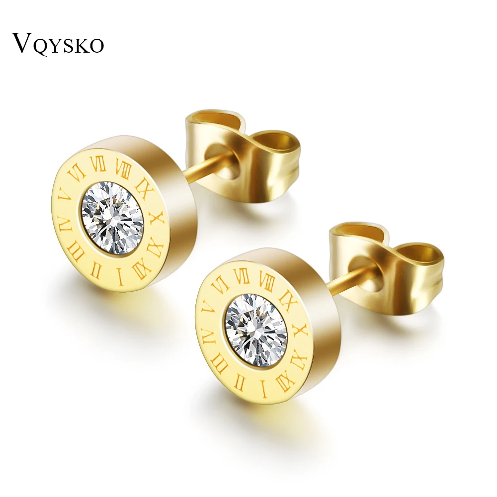 Fashion 316 Stainless Steel Round Shine AAA CZ 8MM Diameter Roman Numeral Stud Earrings For Women High Quality Brand Jewelry