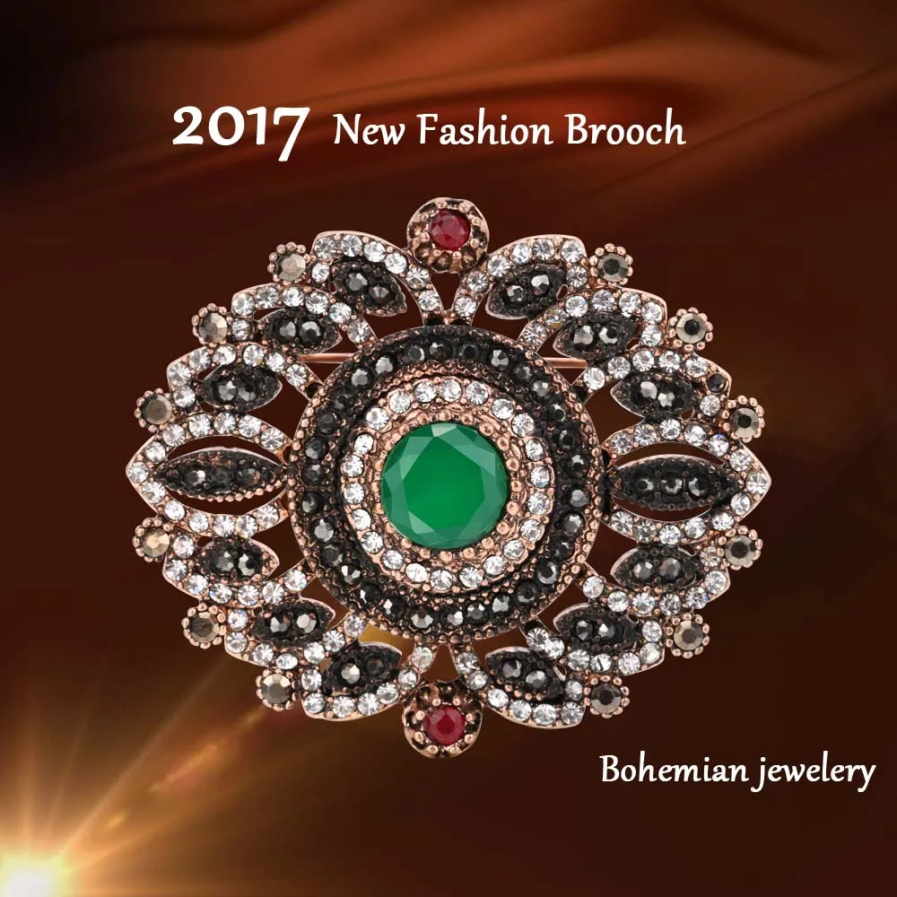 Kinel New Vintage Turkish Women Flower Brooches Pins Antique Gold Color Resin Brooch Pendant Dual-Purpose Ladies Ethnic Jewelry