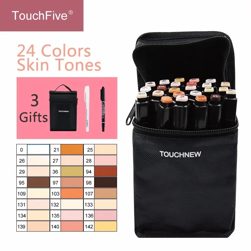 Touchfive 12/24 Colors Skin Tones Set Alcohol-based ink Sketch Marker Pens For Artist Portrait Illustration Drawing Art Supplies