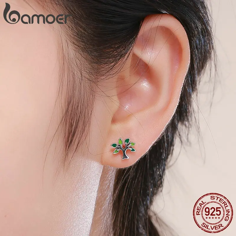 BAMOER 100% 925 Sterling Silver Tree of Life Stud Earrings Tree Leaves Leaf Earrings for Women Fashion Silver Jewelry SCE409