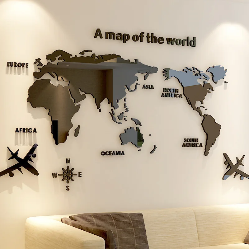 Mapa del mundo acrílico 3D de cristal sólido para pared de dormitorio, pegatinas para sala de estar y aula, decoración de oficina, ideas DIY