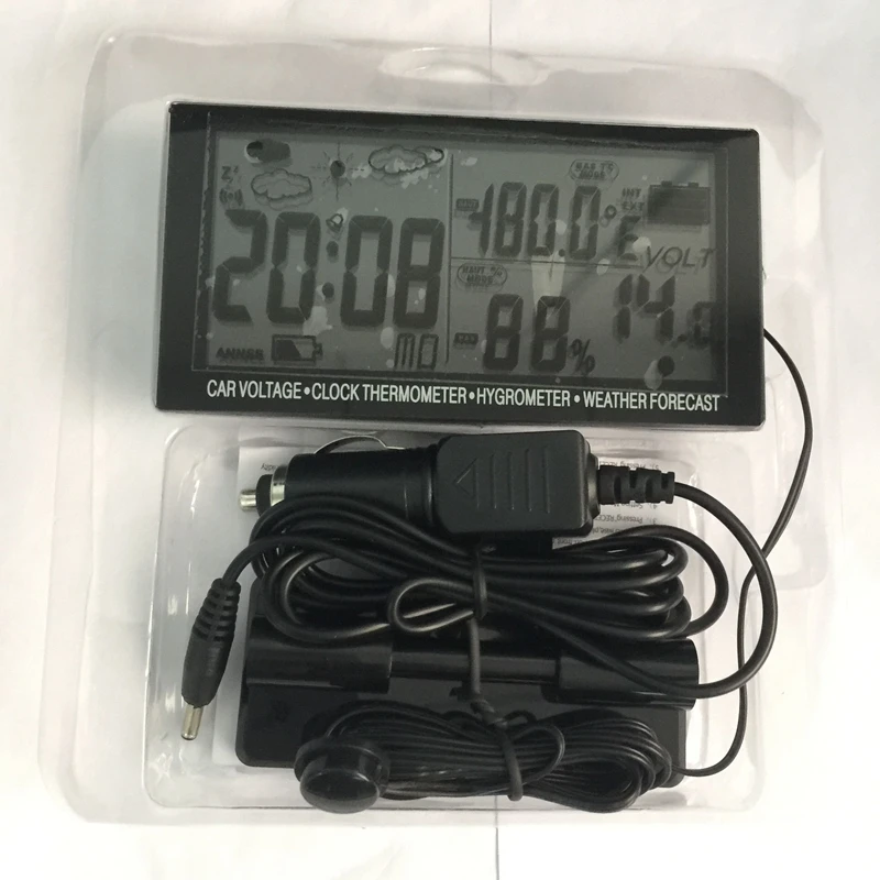 Brand 4in1 Digital Car Thermometer Hygrometer DC 12V LCD Vehicle Voltage Clock Weather Forecast Temperature Humidity Meter