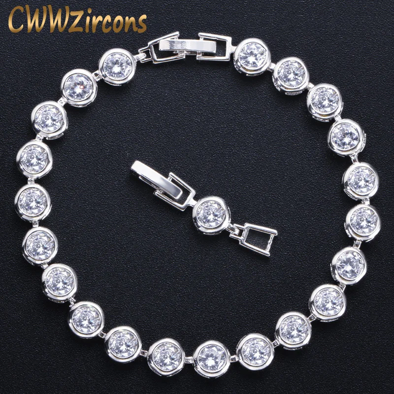 CWWZircons Classic Silver Color Round Shiny Cubic Zirconia Bridal Wedding Party Tennis Bracelets Jewelry for Women CB075