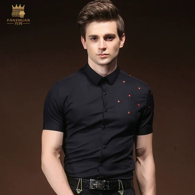 

FANZHUAN Free Shipping New male Men's clothing man summer black slim Short Sleeved Pop Creative Fun Embroidery Shirt 822012