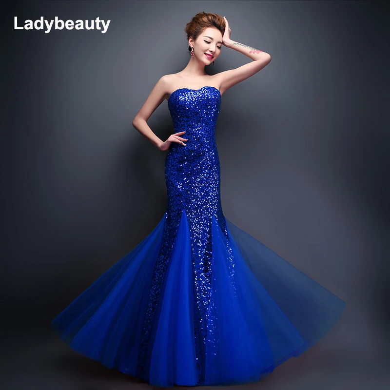 

Ladybeauty 2018 New Mermaid Sweetheart Sleeveless Sequined Tulle Lace up Evening Dress Royal Blue vestidos