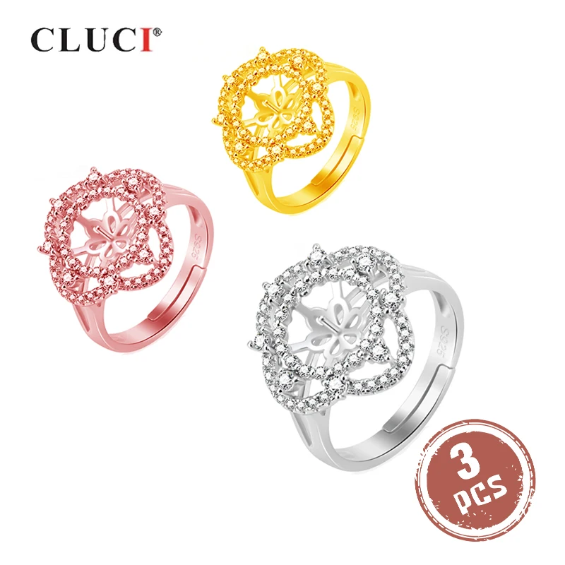 

CLUCI 3pcs 925 Sterling Silver Rose Gold Ring for Women Silver 925 Pearl Ring Mounting Adjustable Flower Rings Jewelry SR2135SB
