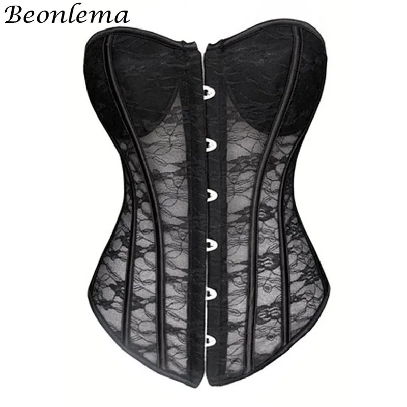 

BEONLEMA Bone Lace Perspective Transparent Corset Steampunk Black White Overbust Bustiers Sexy Corset For Women Lingerie Femme