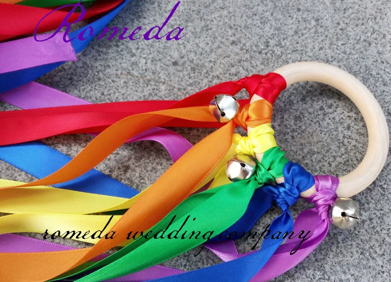 10pcs/lot  Rainbow Color Stain ribbon Wooden Ring Waldorf Ribbon With Bell Hand Kite Toy FLY ME Birthyday Party Favors