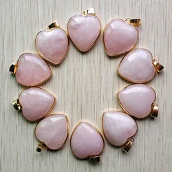 Good quality Natural roses quartz stone gold-plate side heart pendants 25mm for jewelry making wholesale 10pcs/lot