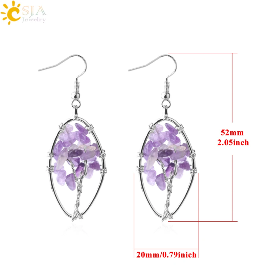 CSJA Tree of Life Earrings 2022 Natural Stone Chip Drop Earring for Women Girl Purple Crystal Black Agates Handmade Jewelry F834