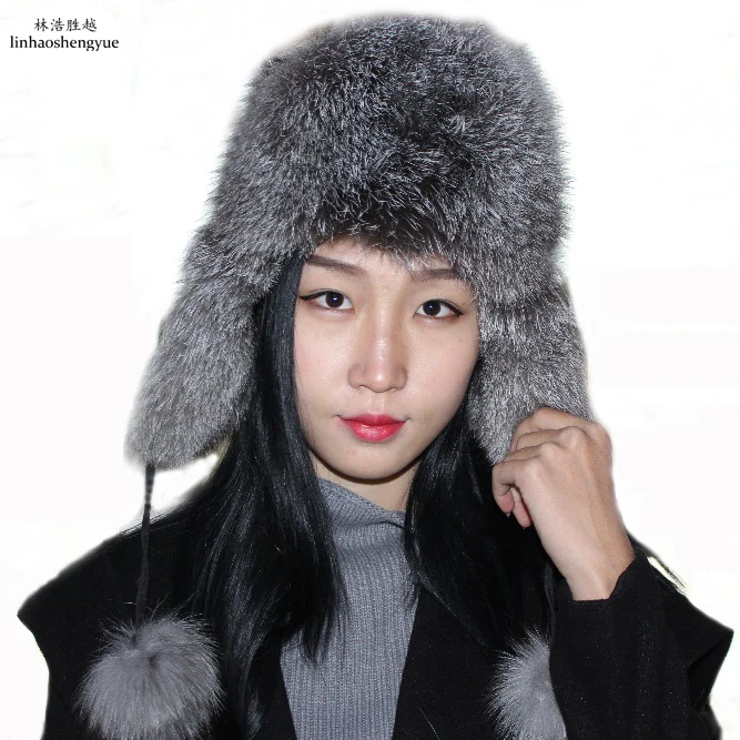 Linhaoshengyue Fox Ear Cap Warmth Freeshipping Warm in Winter  Women Hat Real Fur Fox Fur Fashion Hat