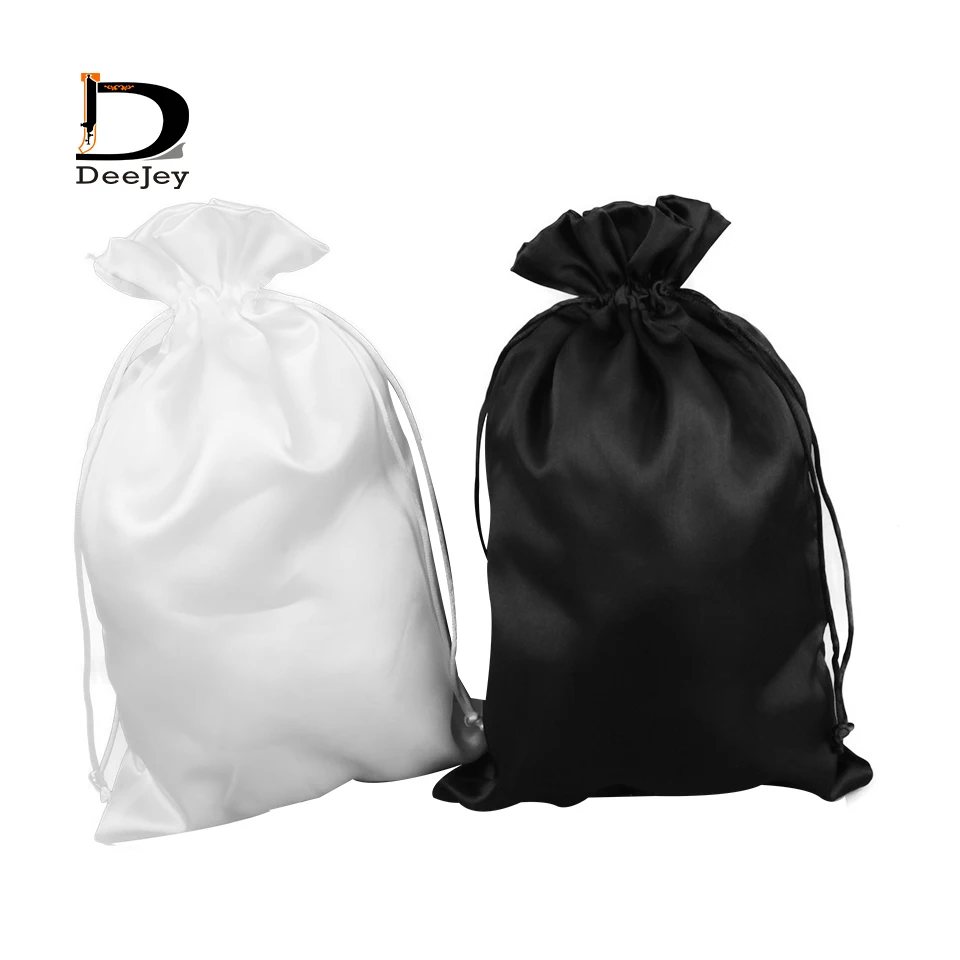 Blank drawstring polyester satin silk bag white black 18x30cm for virgin hair or party favour storage gift bags