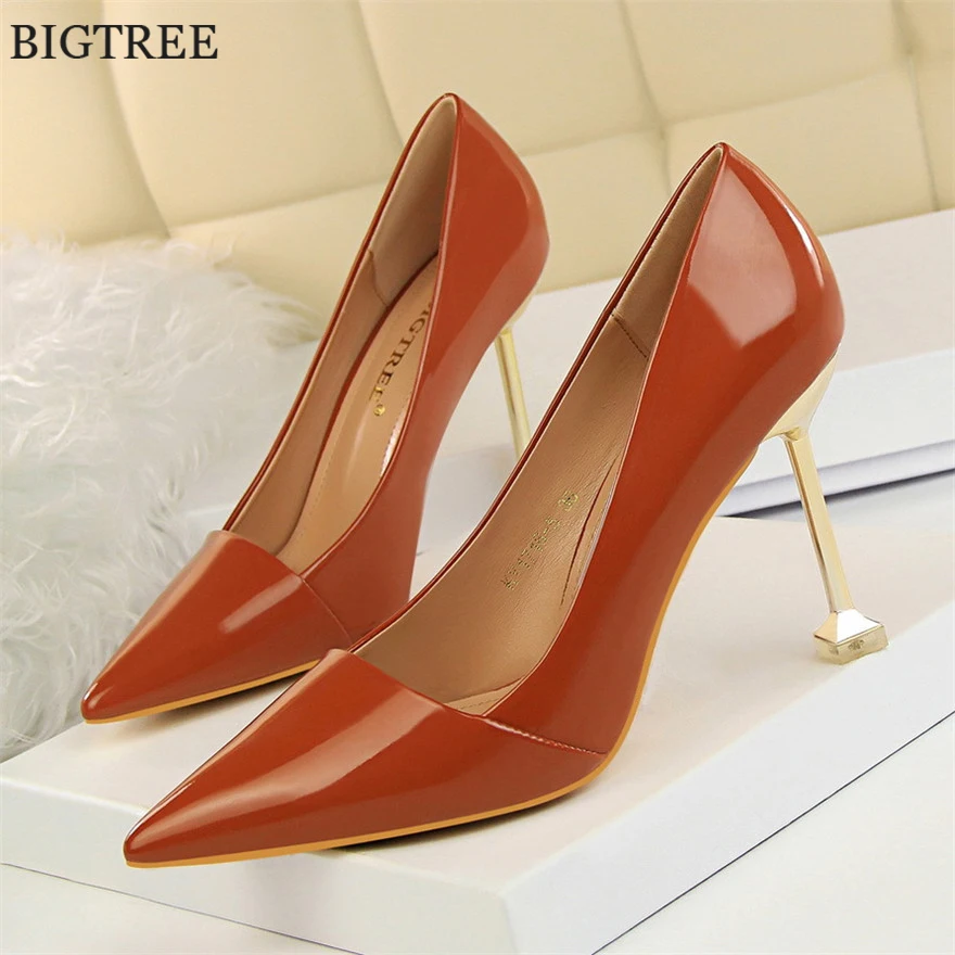 

BIGTREE Shoes Metal Square Heel Ladies Office Shoes New Autumn Fashion Patent Leather Women Pumps Pointy Toe Wedding Bride Shoes