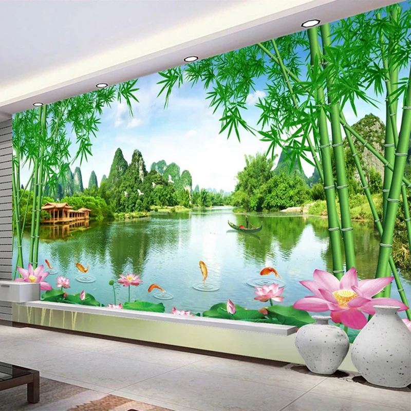 Custom Foto Tapete 3D Bambus Lotus Natur Landschaft Wandmalereien Wohnzimmer TV Sofa Hintergrund Wand Dekor Papel De Parede 3 D Sala