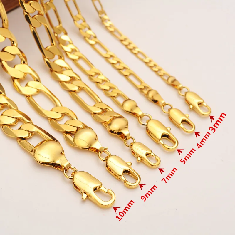 Mens women\'s Solid Gold GF 3 4 5 6 7 9 10 mm Width Select Italian Figaro Link Chain Necklace bracelet Fashion Jewelry wholesale