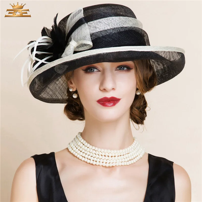 Lato czarny i biały elegancka pościel kapelusze fedora Lady moda kapelusze kapelusz kobiet Floppy szerokim rondem czapka len pościel B-8150